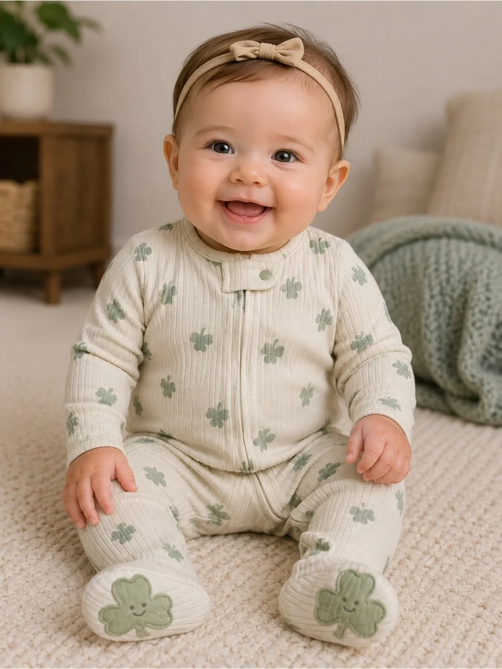Cream Clover-Print Ribbed Baby One-Piece